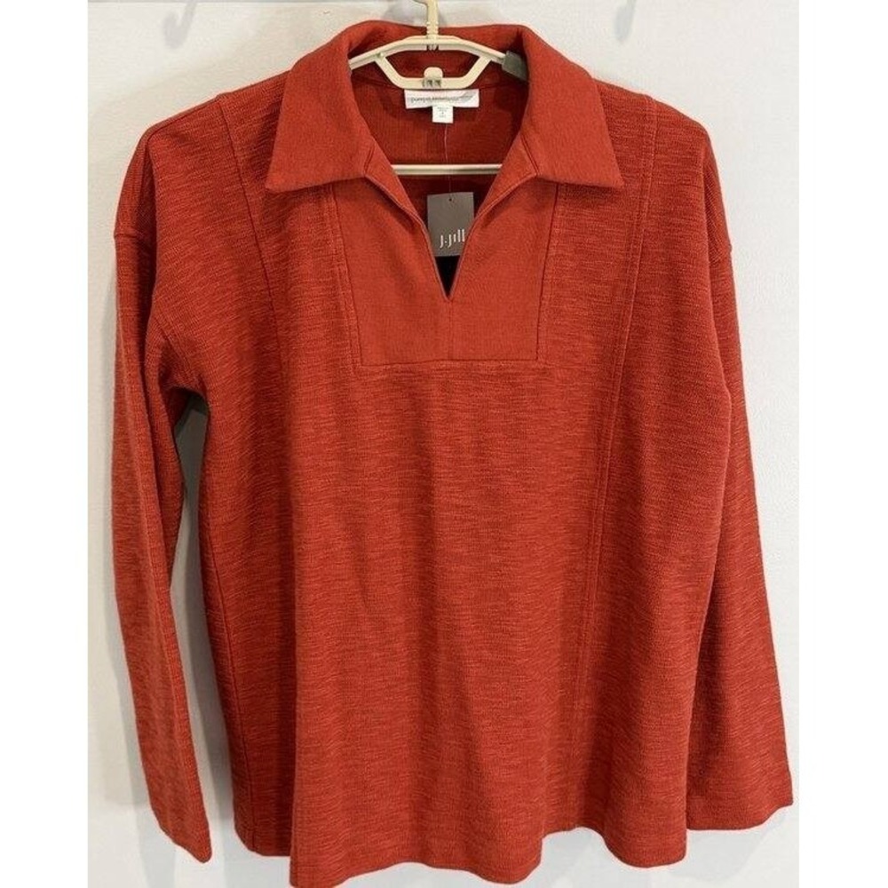 J Jill Split Neck Collar Long Sleeve Shirt Pottery Organic Cotton New S Tall